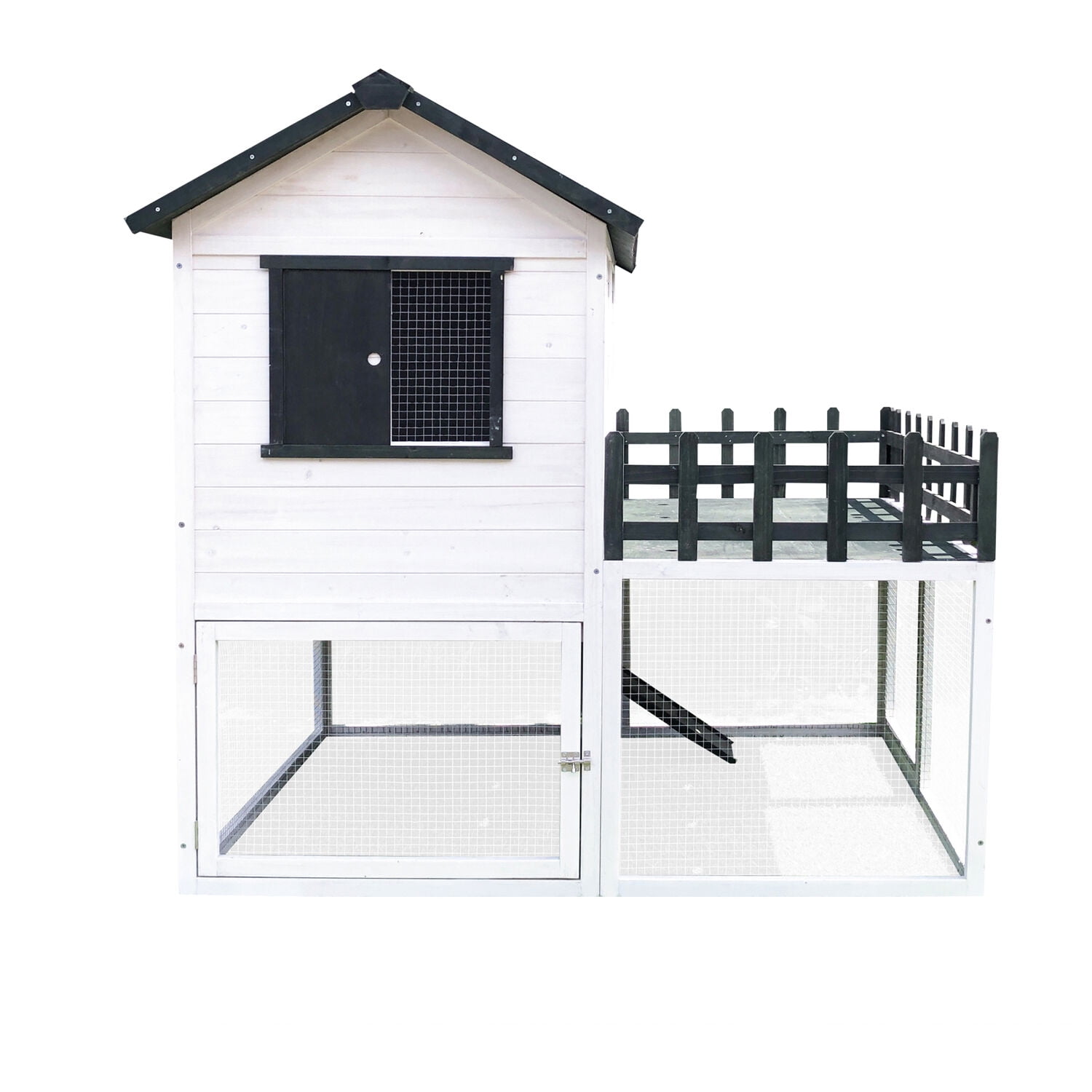 White and Black Elevated Wooden Chicken Coop with Ramp and Wire Mesh Run