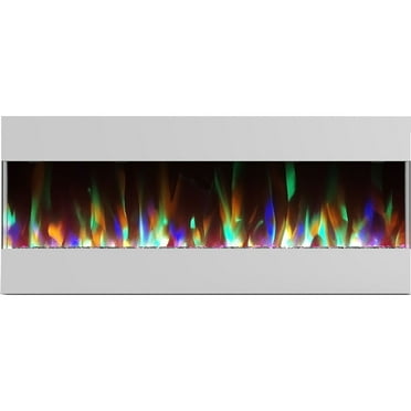 Hanover Fireside 50 In. Recessed/Wall-Mounted Electric Fireplace with Crystals and LED Color-Changing Flame Display, White