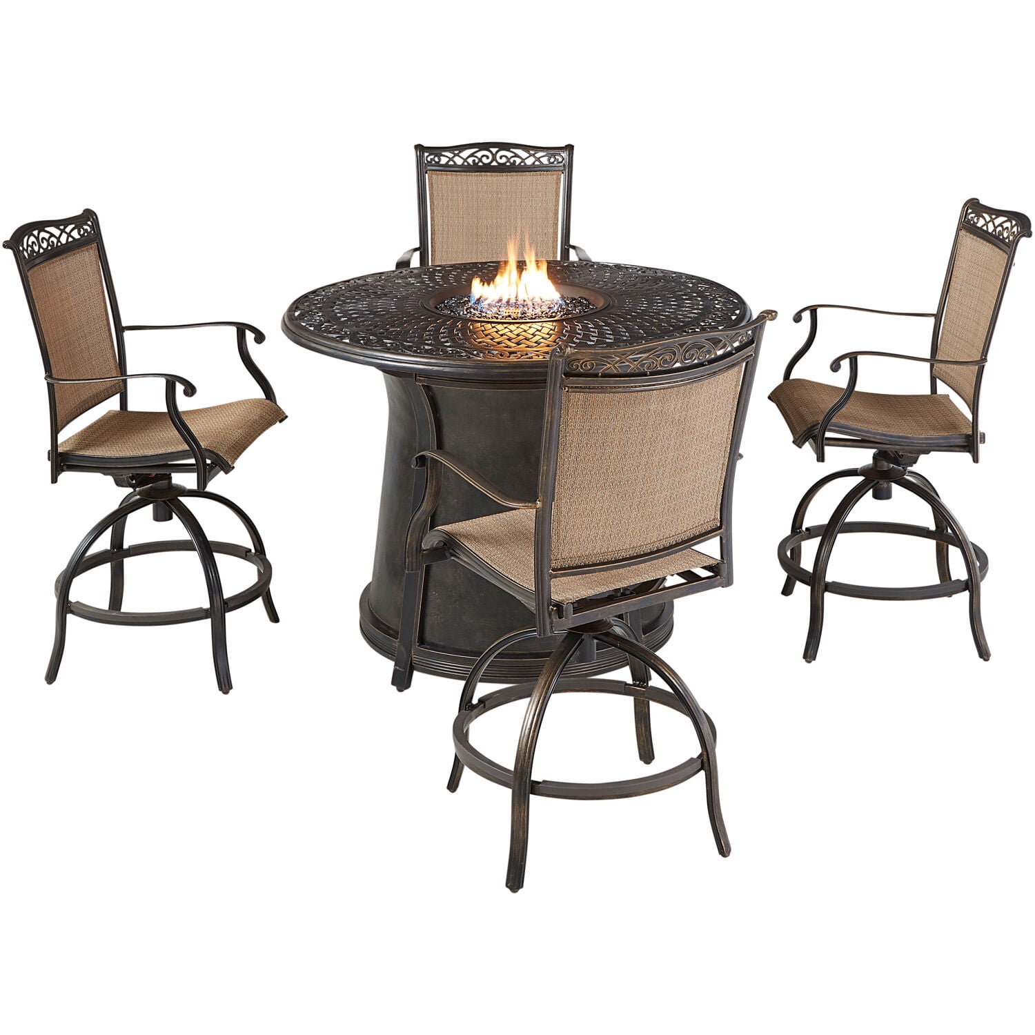 Hanover Fontana 5-Piece High-Dining Set in Tan with 4 Counter-Height Swivel Chairs and a 40,000 BTU Cast-top Fire Pit Table