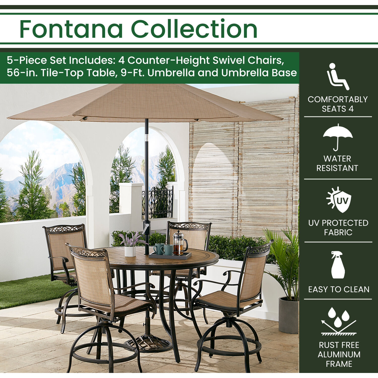 Hanover Fontana 5Piece HighDining Set with 4 CounterHeight Swivel