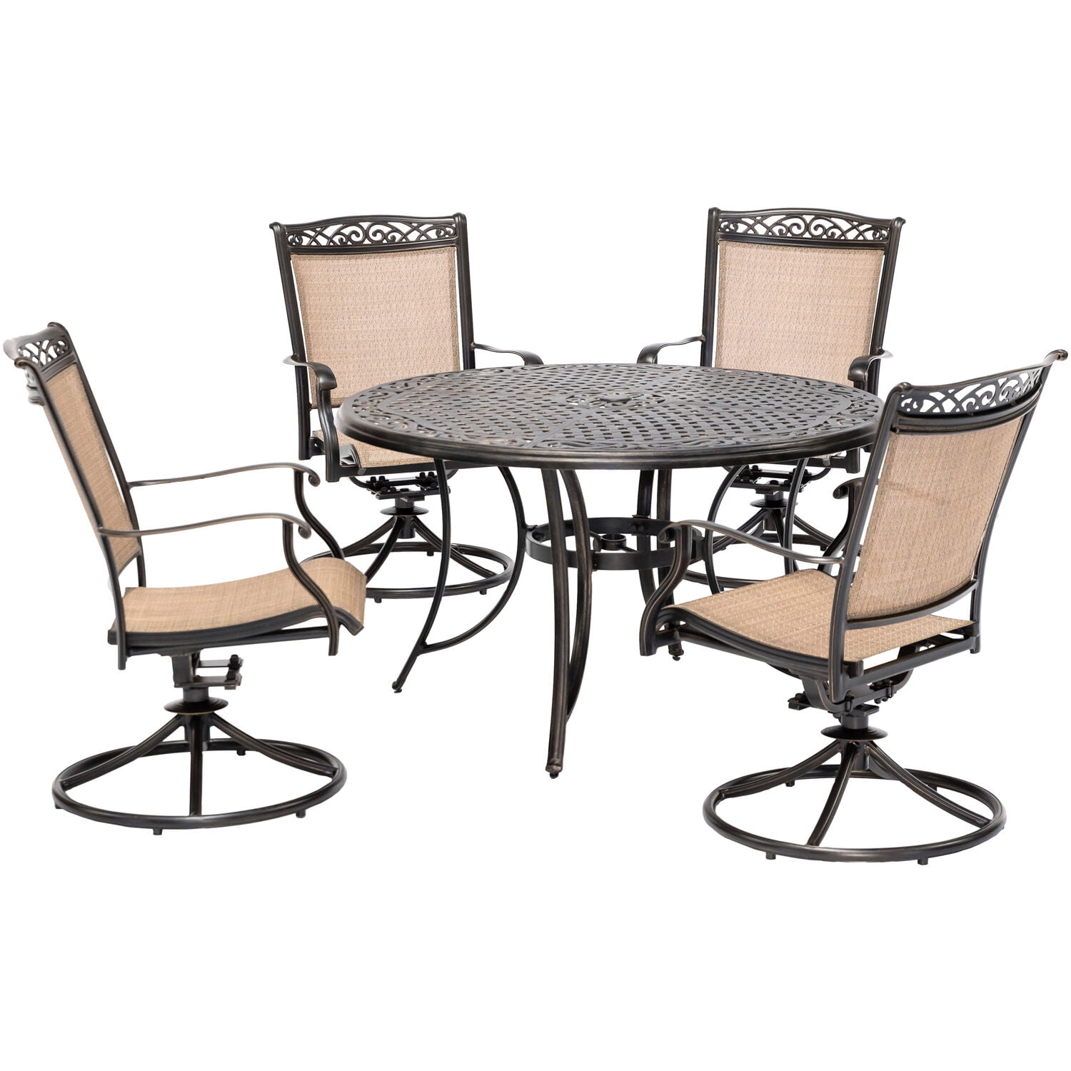 Fontana Bronze 48" Round Cast-Top Table with Tan Sling Swivel Chairs
