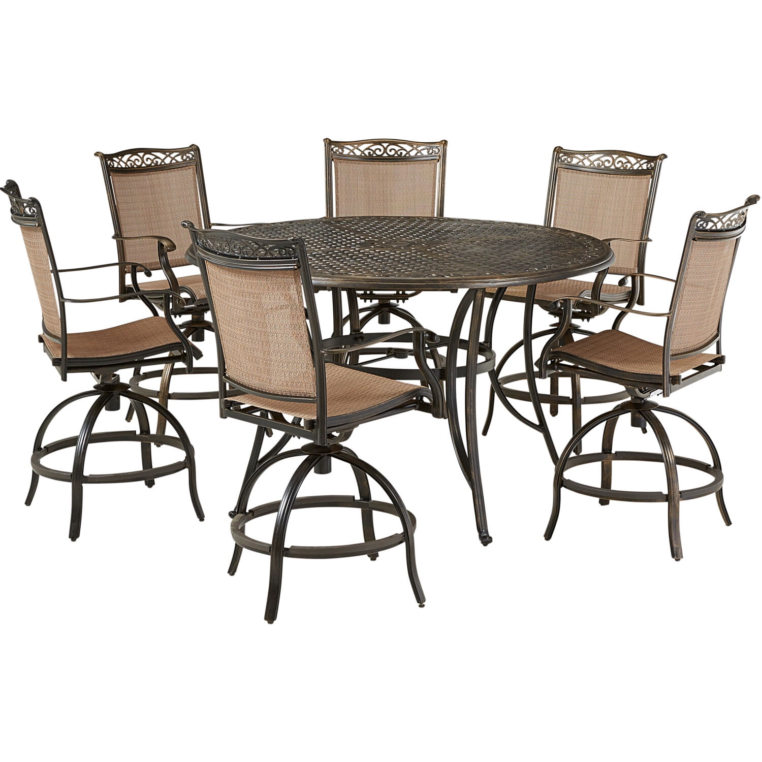 Bronze and Tan Aluminum 6-Person Round Outdoor Dining Set with Swivel Chairs