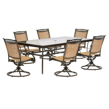 Hanover Fontana 7-Piece Outdoor Dining Set with Swivel Rockers and Glass-Top Table