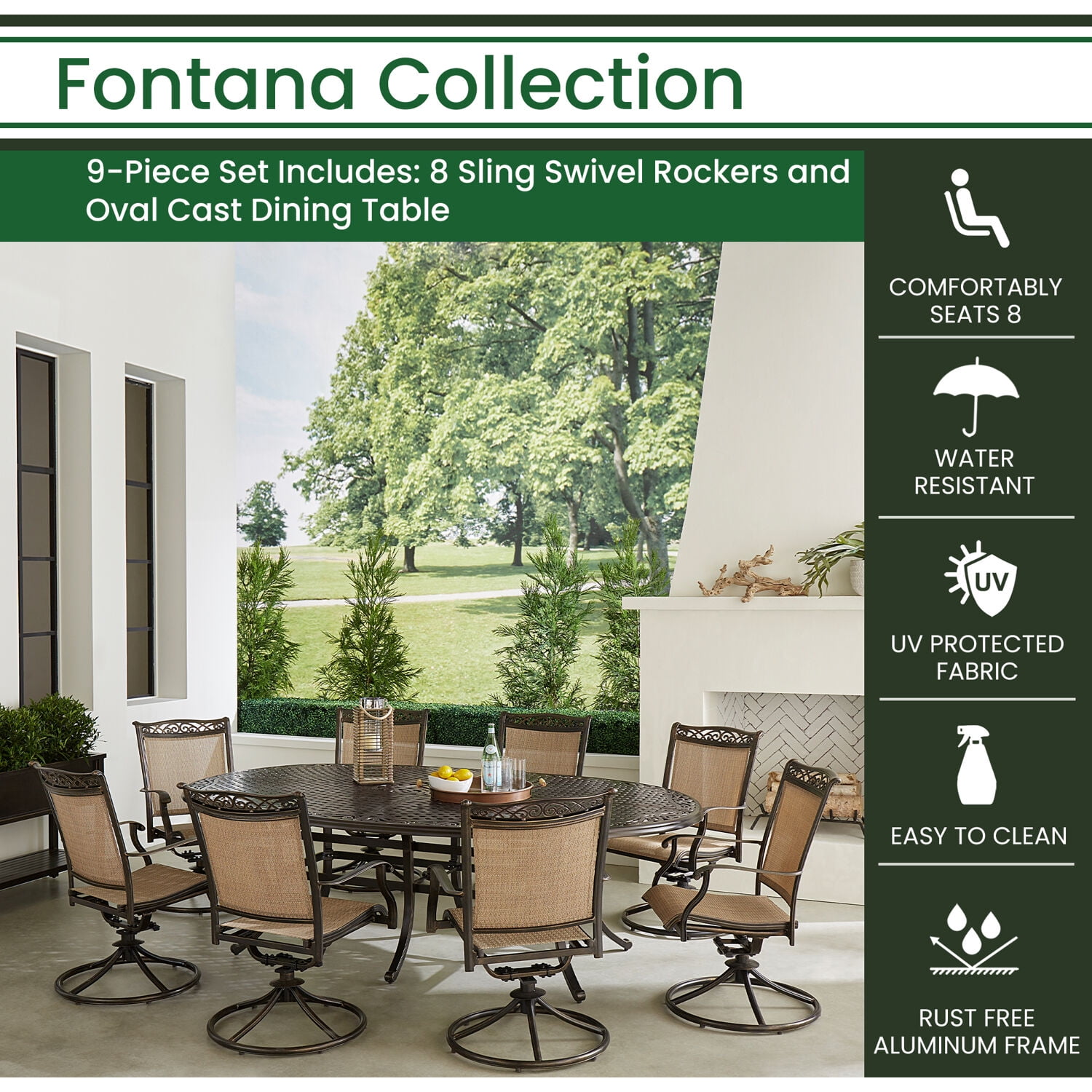 Fontana 9-Piece Bronze Outdoor Dining Set with Swivel Rockers