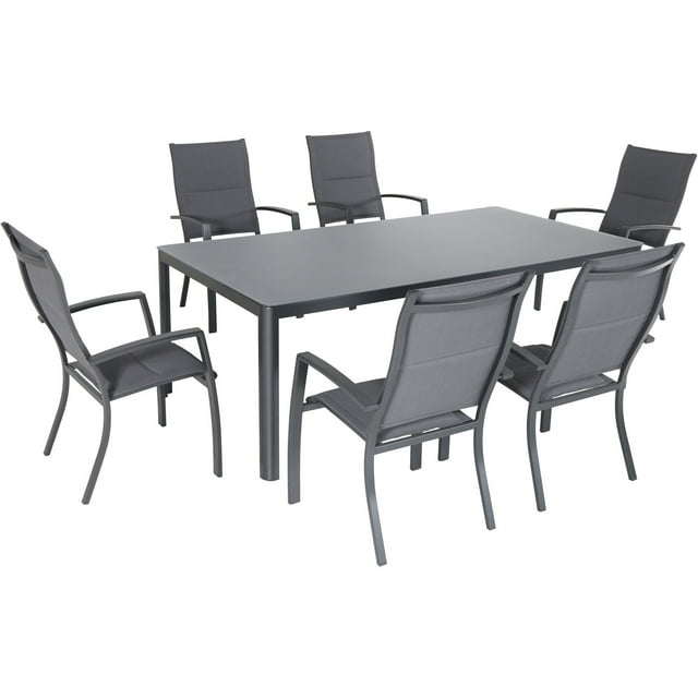 Hanover Fresno 7-Piece Outdoor Dining Set with 6 Padded Sling Chairs and a 42" x 83" Glass-Top Table