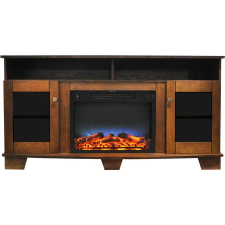 Hanover Glenwood 59 In. Electric Fireplace in Walnut with Entertainment Stand and Multi-Color LED Flame Display