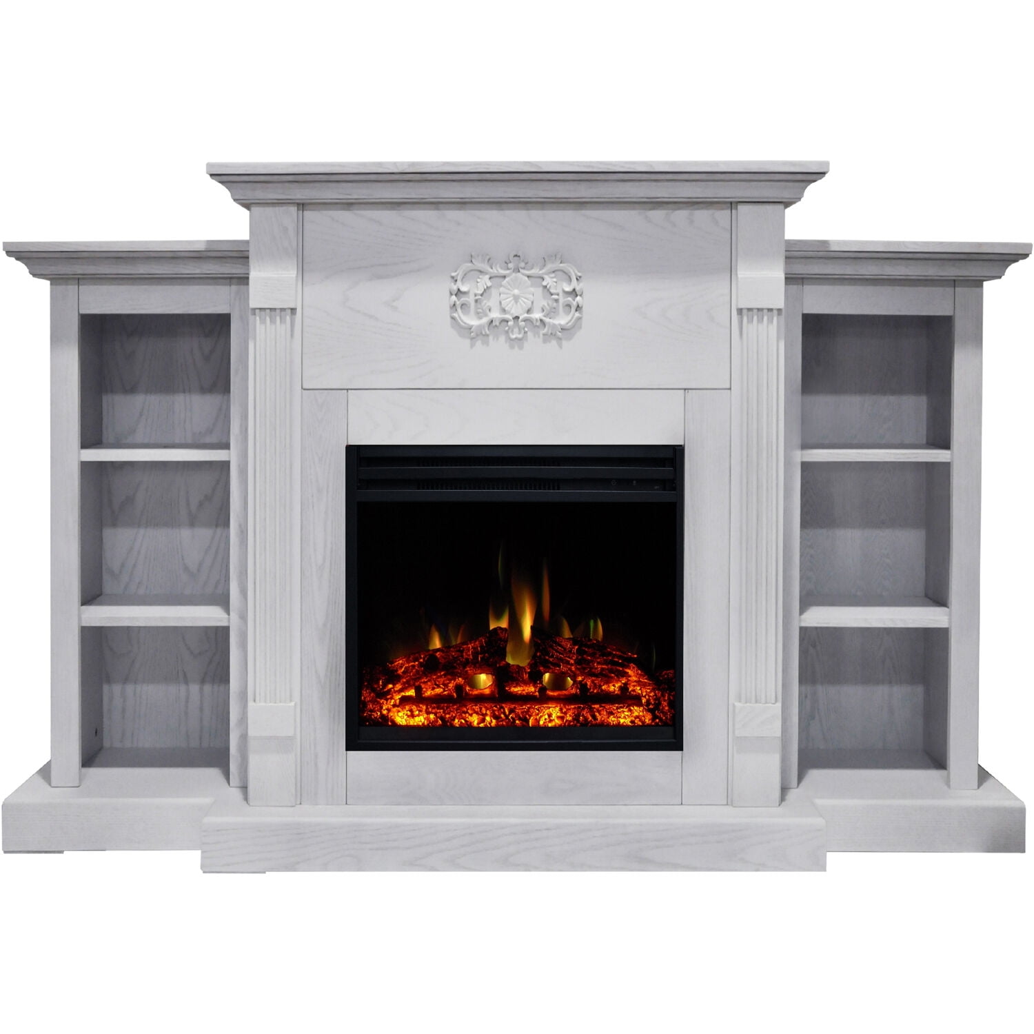 Classic White Electric Fireplace Mantel with Bookshelves and Multi-Color Flames