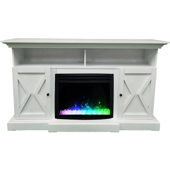 Hanover Glenwood Electric Fireplace Heater with 59-In. White TV Stand, Deep Log Display, Multi-color Flames, and Remote