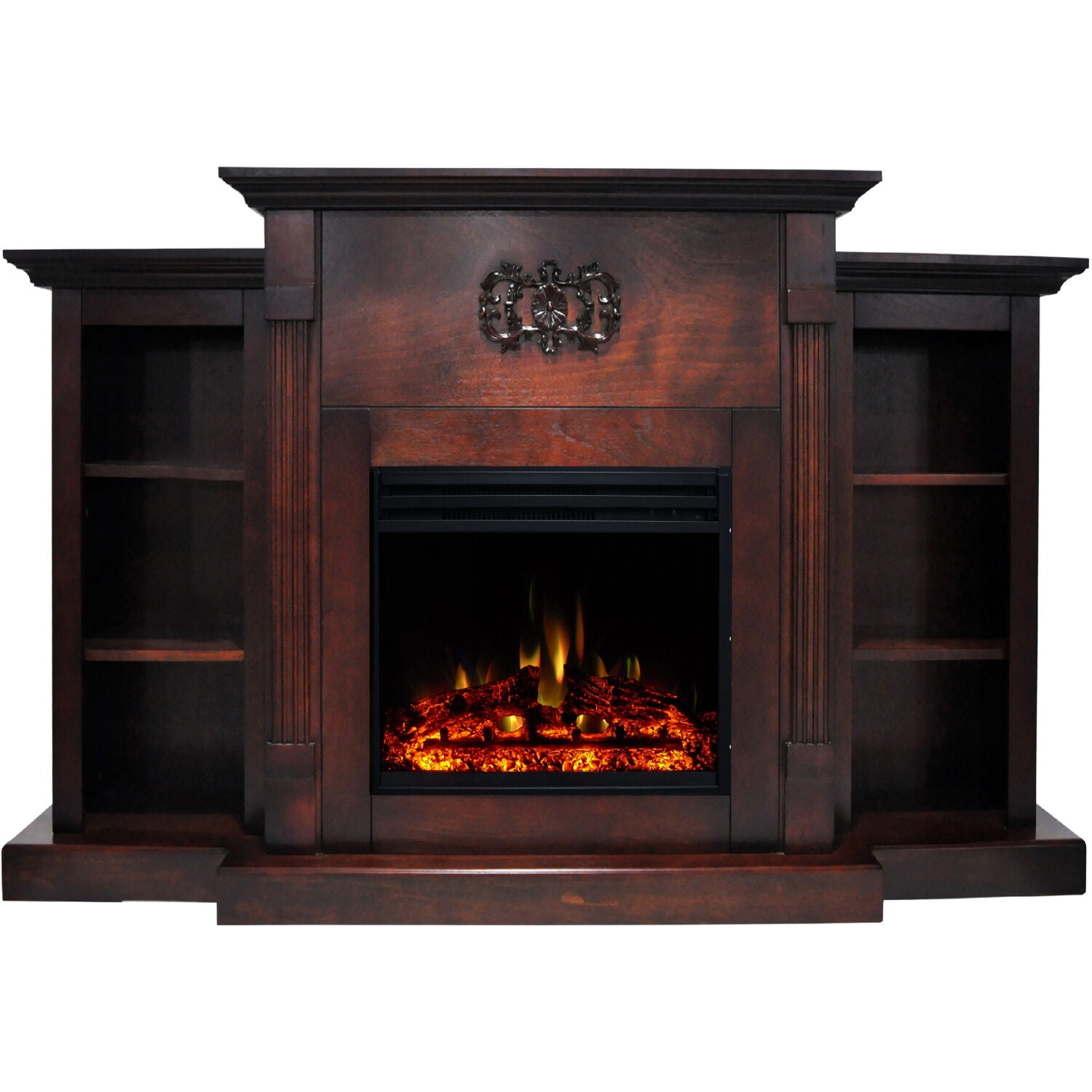 Classic Mahogany Freestanding Electric Fireplace with Bookshelves and Mantel