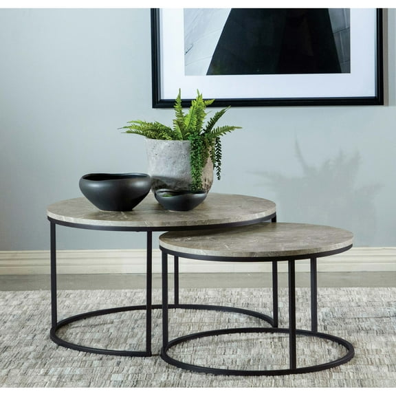 Hanover Grey 2-Pc Round Faux Marble Nesting Coffee Table Set | Modern Living Room Furniture | Engineered Wood Tops, Gunmetal Metal Base | 35"W x 19.5"H | Space-Saving Design
