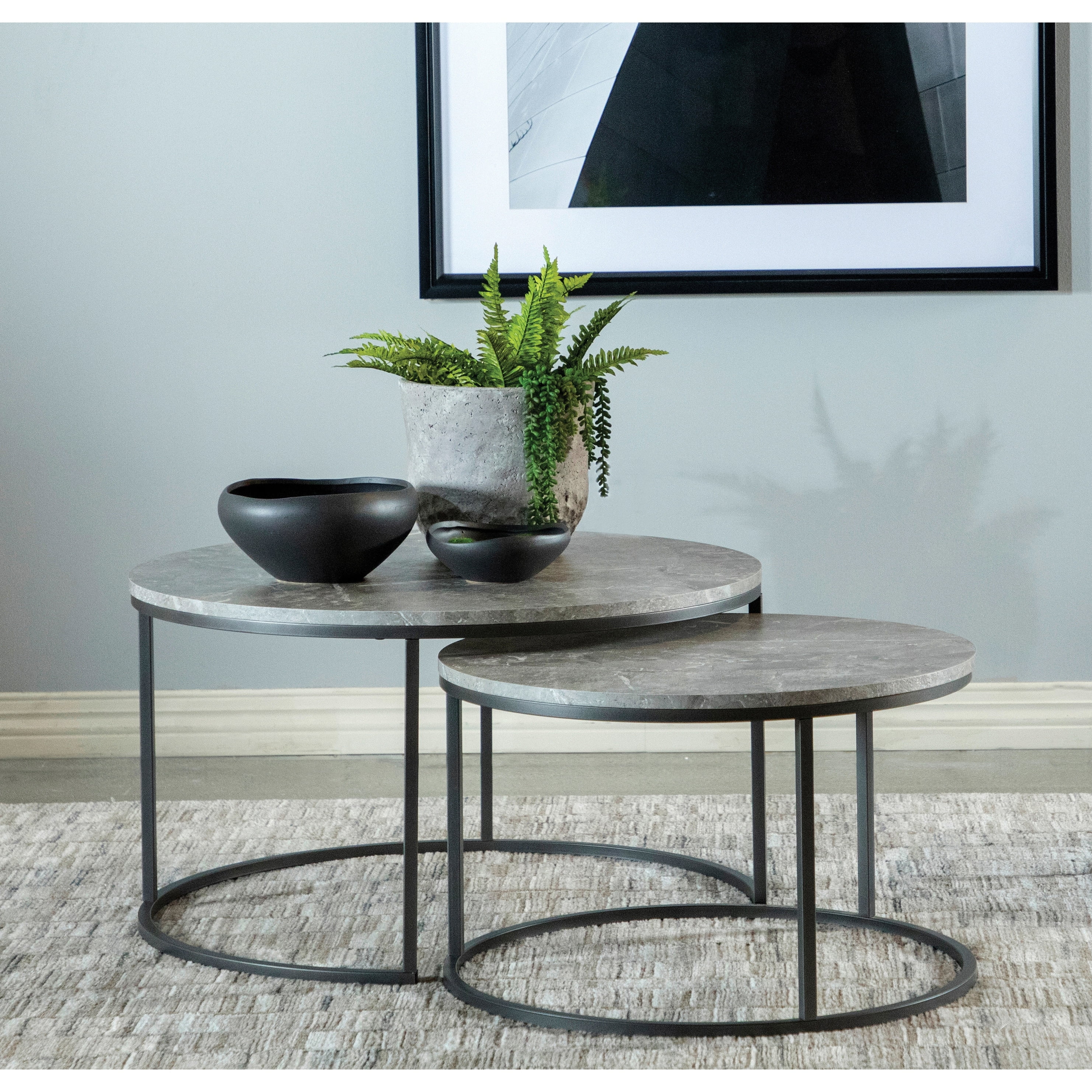 Hanover Gray Faux Marble and Gunmetal Round Nesting Coffee Tables