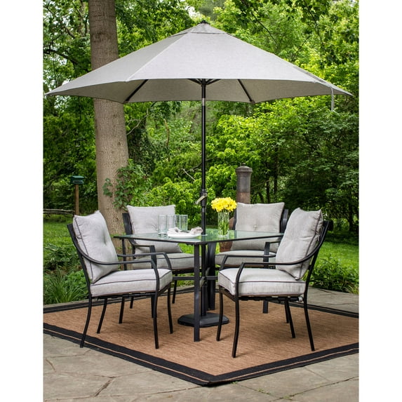 Hanover Lavallette 5-Piece Dining Set in Gray with Table Umbrella and Stand, LAVDN5PC-SLV-SU