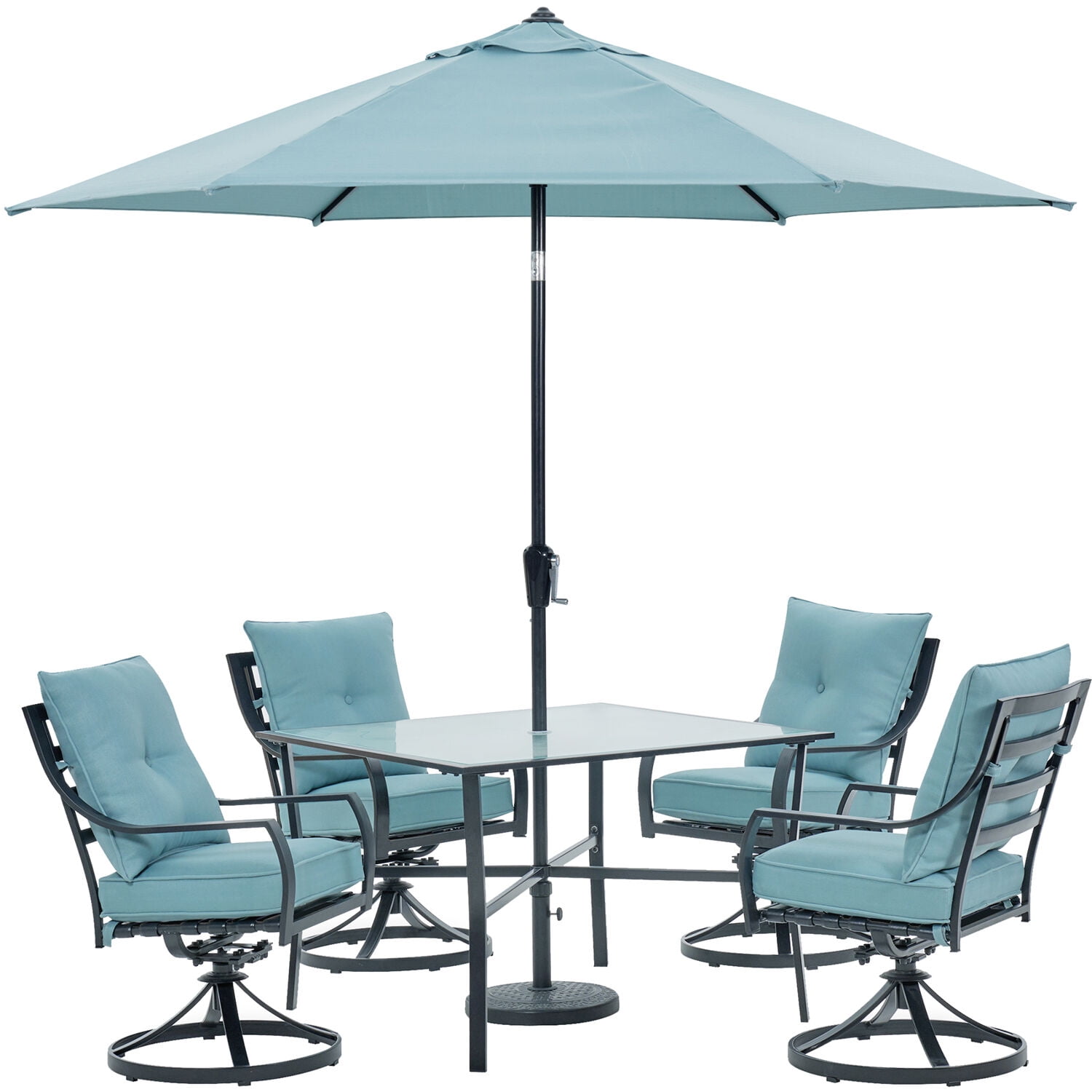 Ocean Blue Steel 4-Person Patio Dining Set with Glass Top Table and Umbrella