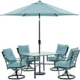 thumbnail image 1 of Hanover Lavallette 5-Piece Dining Set in Ocean Blue with 4 Swivel Rockers, 42-In. Square Glass-Top Table, Umbrella, and Base, 1 of 14