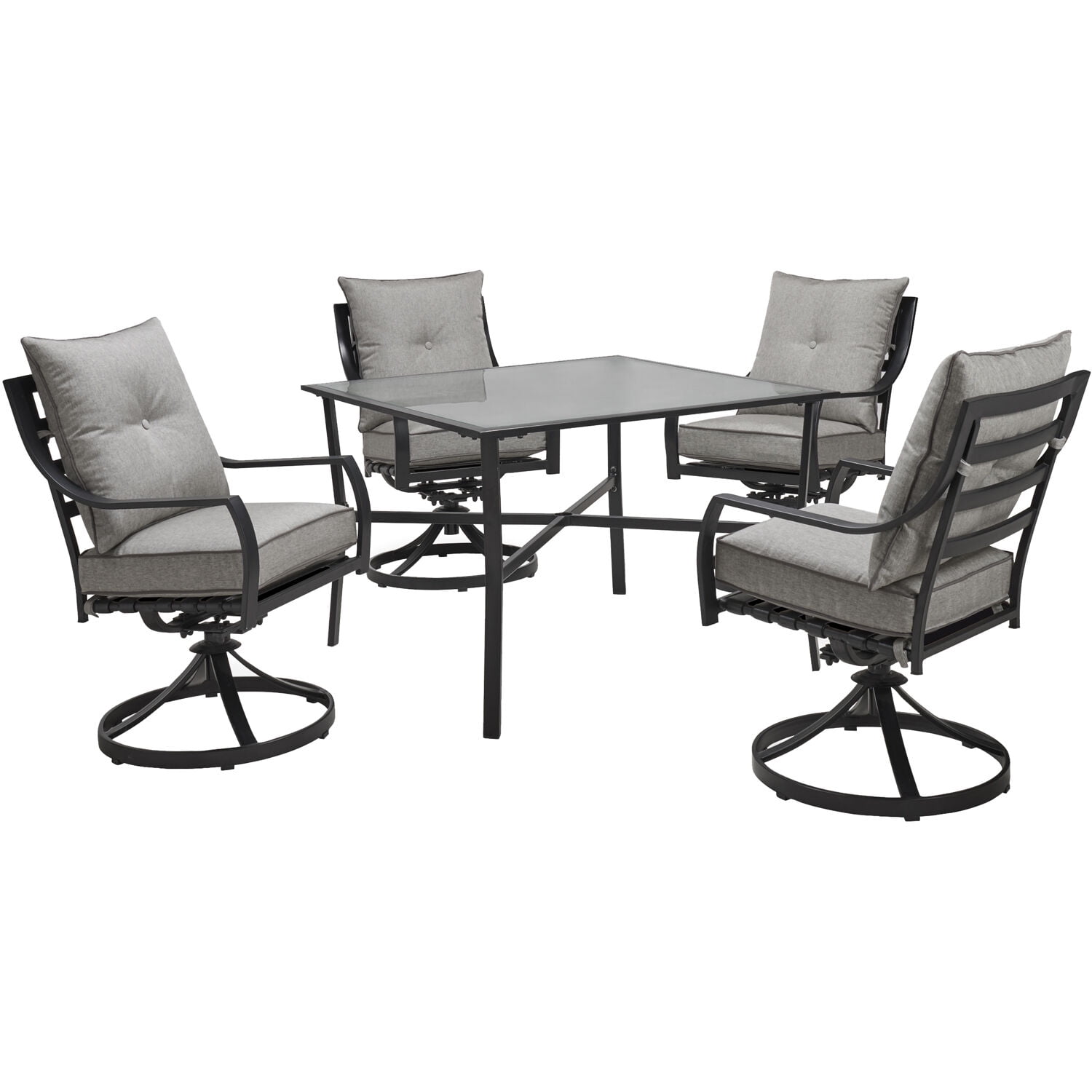 Lavallette Black Steel 4-Person Dining Set with Gray Cushions and Glass-Top Table