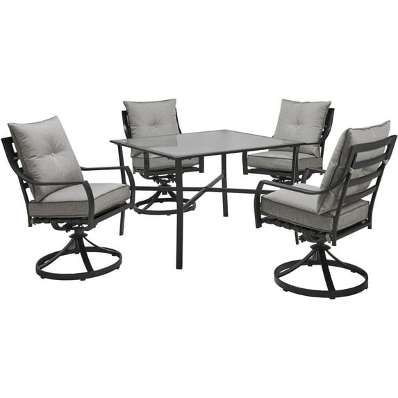 Hanover Lavallette 5-Piece Dining Set in Silver Linings with 4 Swivel Rockers and a 42-In. Square Glass-Top Table, LAVDN5PCSW-SLV