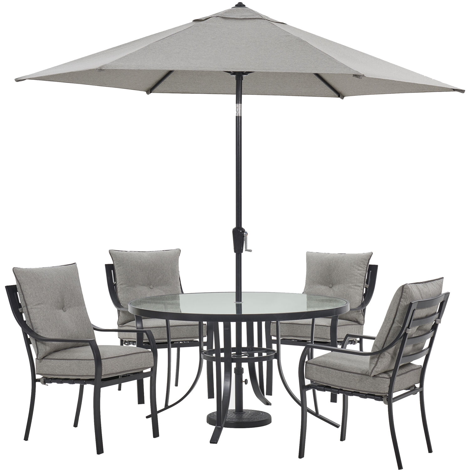 Lavallette 52" Round Black Steel Outdoor Dining Set with Silver Cushions and Umbrella