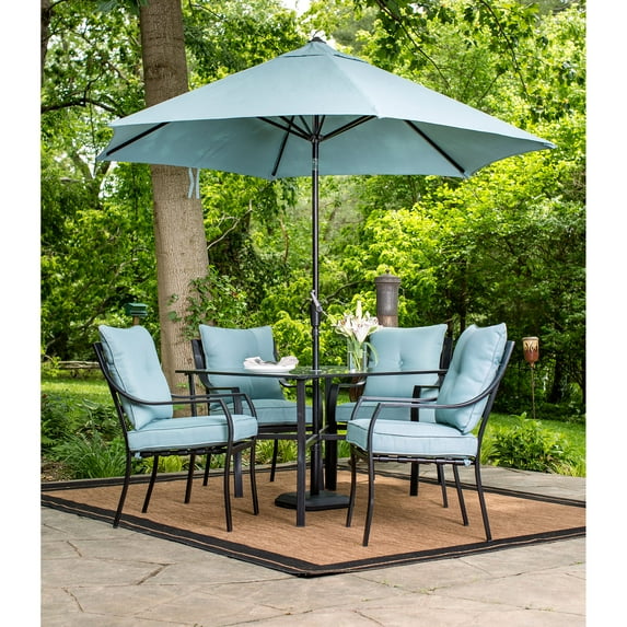 Hanover Lavallette 5-Piece Modern Outdoor Steel Dining Set with Umbrella, Ocean Blue
