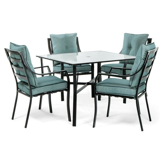 Hanover Lavallette 5-Piece Outdoor Dining Set with 42 in. Square Tempered Glass-Top Patio Table and 4 Ocean-Blue Cushioned Chairs