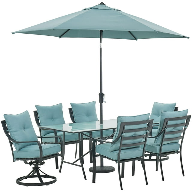 Hanover Lavallette 7-PC. Dining Set in Ocean Blue w/ 4 Chairs, 2 Swivel Rockers, 66" x 38" Glass-Top Table, Umbrella, and Base