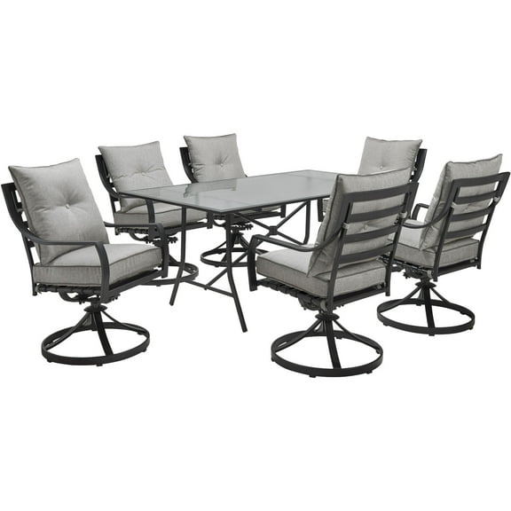 Hanover Lavallette 7-Piece Outdoor Dining Set, Silver Steel with 66" x 38" Glass-Top Table