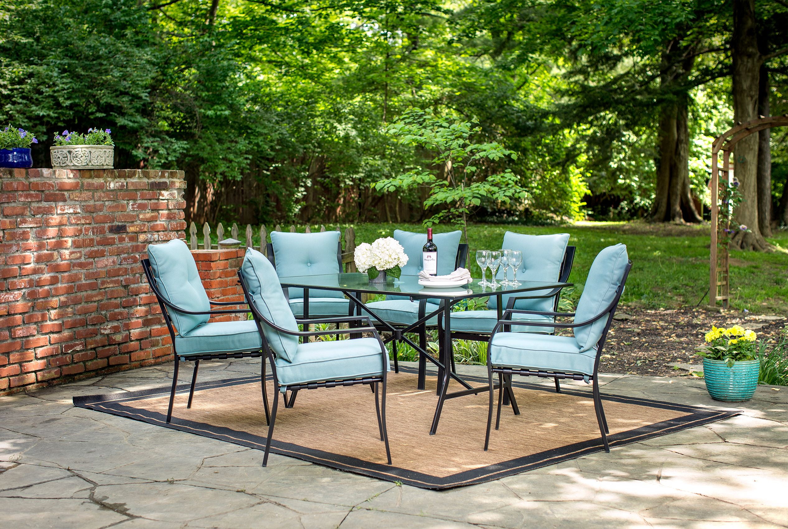 Lavallette 7-Piece Black Steel Outdoor Dining Set with Blue Cushions