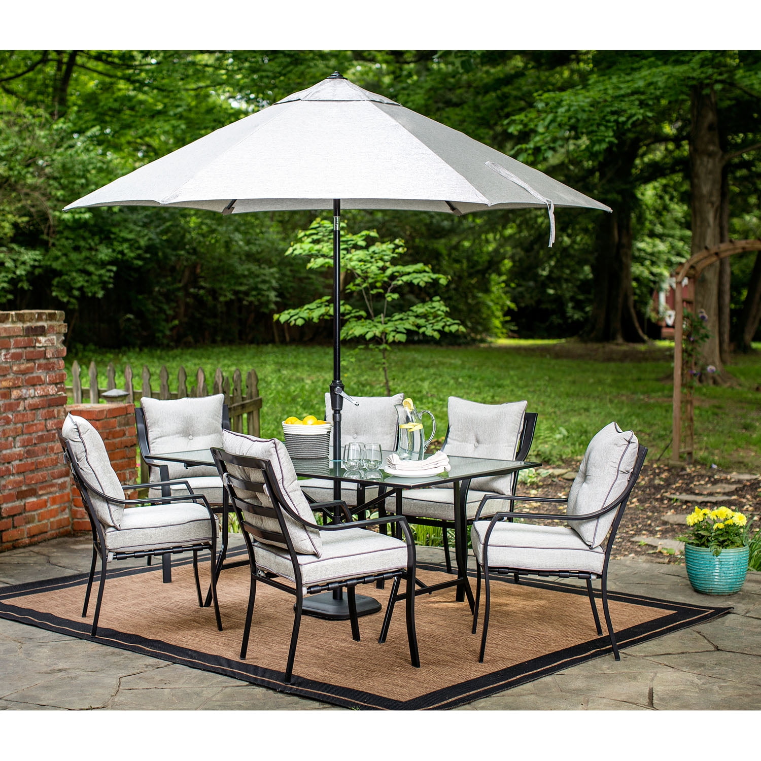 Gray 7-Piece Steel Patio Dining Set with Umbrella