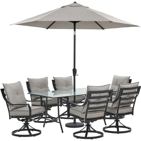 Hanover Lavallette 7-Piece Steel Outdoor Dining Set with Umbrella and Glass-Top Table, Seats 6