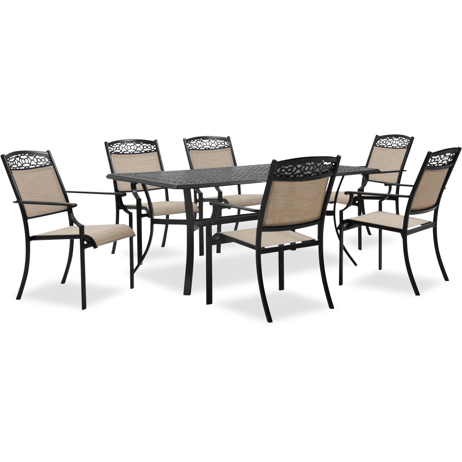 Hanover Lisbon 7-Piece Set: 6 Sling Stationary Chairs and 39 in. x 68 in. Cast-Top Dining Table in Tan, LISBON7PC-TAN