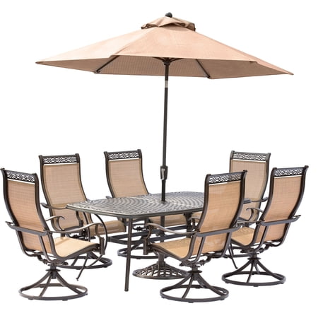 Hanover Manor 7-Piece Outdoor Patio Dining Set with 6 PVC Sling Swivel Rockers, Tan, MANDN7PCSW-6-SU