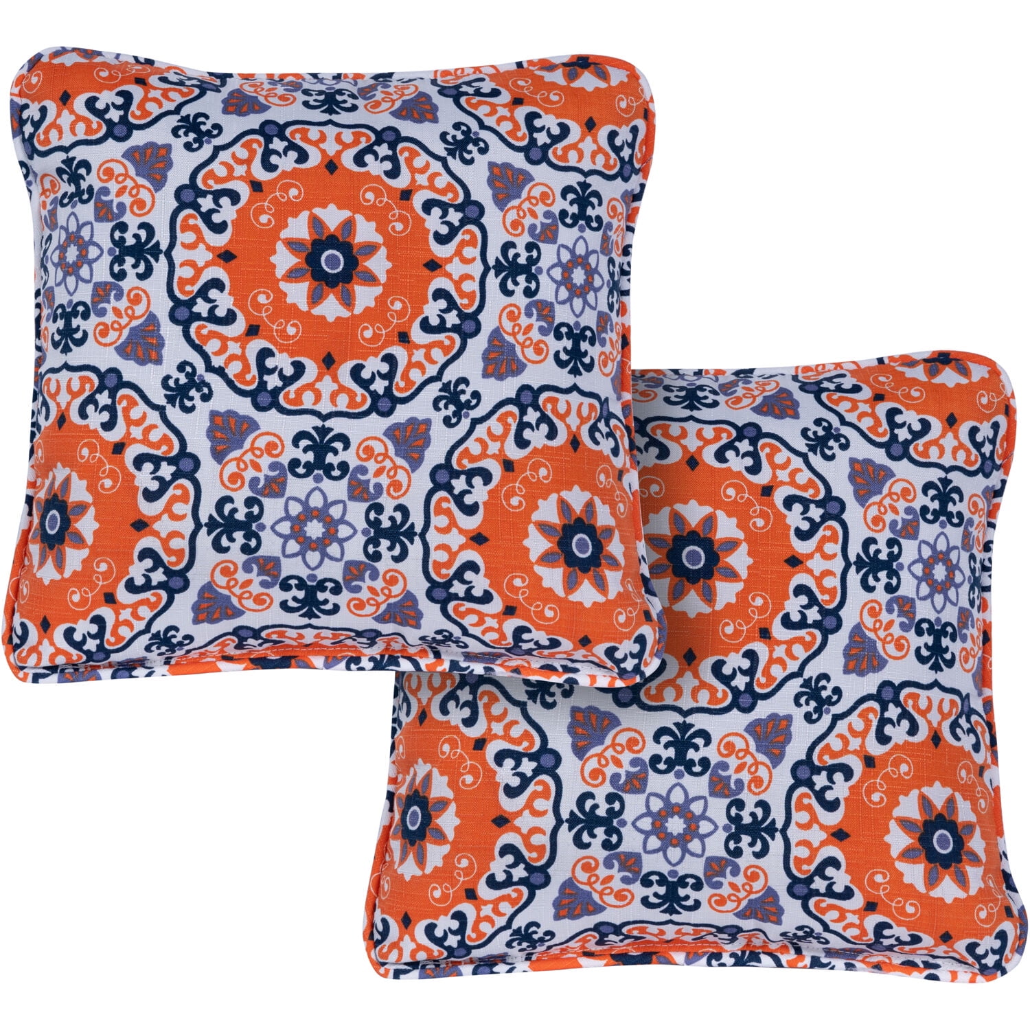 Set of 2 Orange and Blue Medallion Indoor/Outdoor Throw Pillows