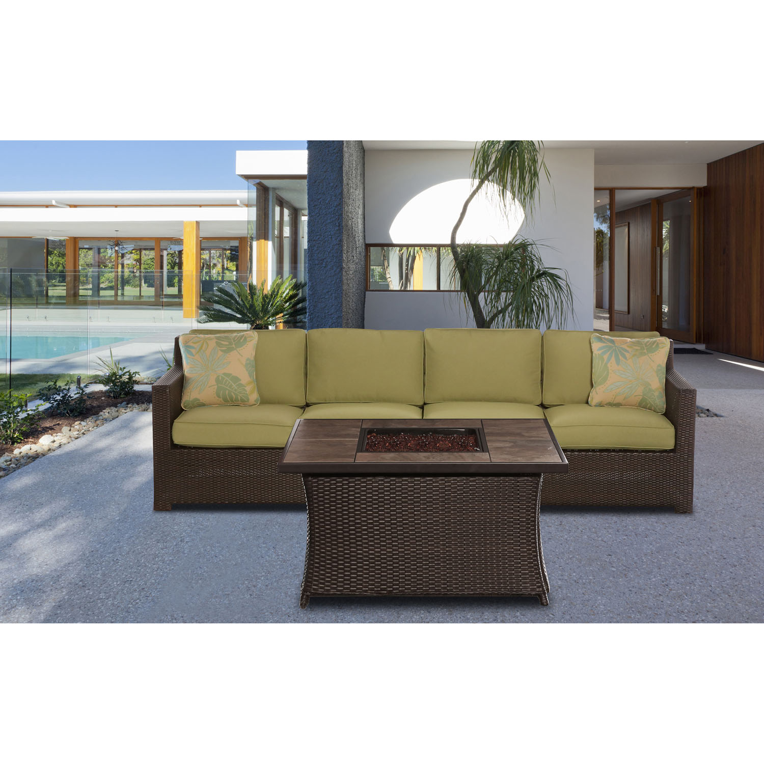 Hanover Metropolitan 3-Piece Woven Fire Pit Lounge Set with Faux-Stone Tile Top - image 1 of 8