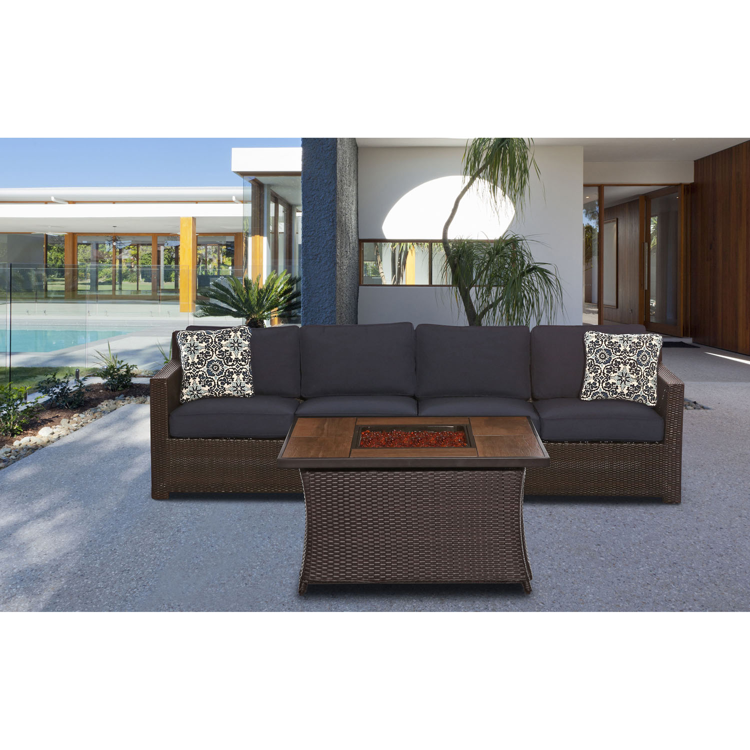 Hanover Metropolitan 3-Piece Woven Fire Pit Lounge Set with Glazed Faux-Wood Tile Top - image 1 of 7