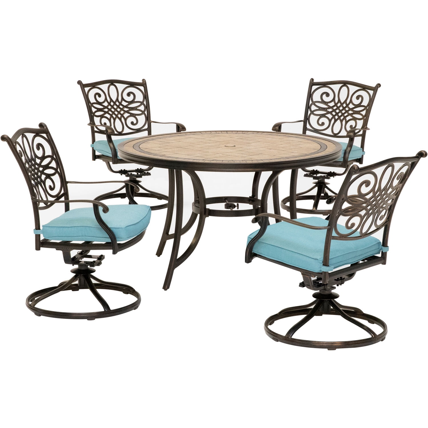 Hanover Monaco 5 Piece Dining Set in Blue with Four Swivel Rockers