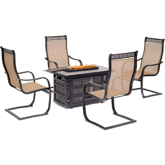 Hanover Monaco 5-Piece Fire Pit Chat Set with 4 Sling C-Spring Chairs and a 30,000 BTU Gas Fire Pit Coffee Table
