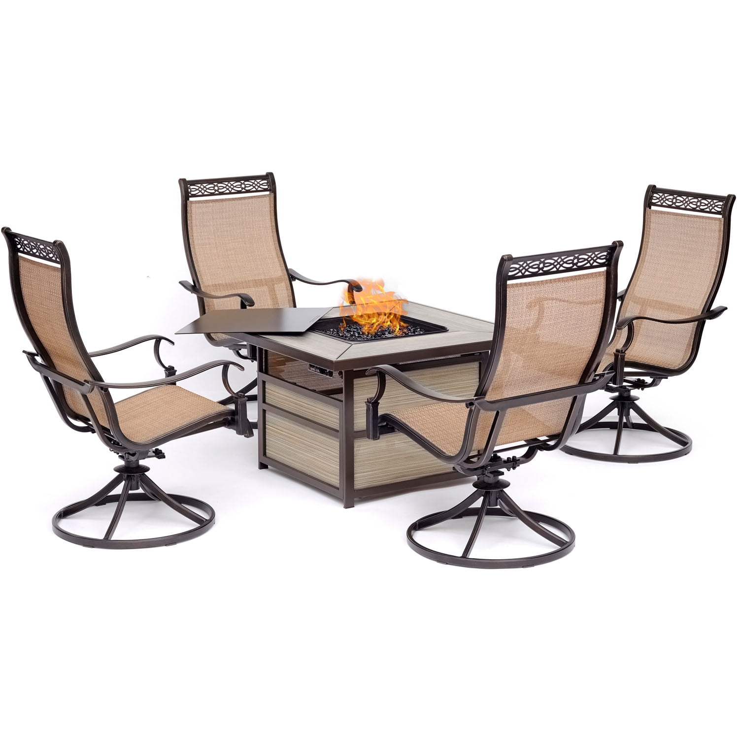 Hanover Monaco 5Piece Fire Pit Chat Set with 4 Sling Swivel Rockers