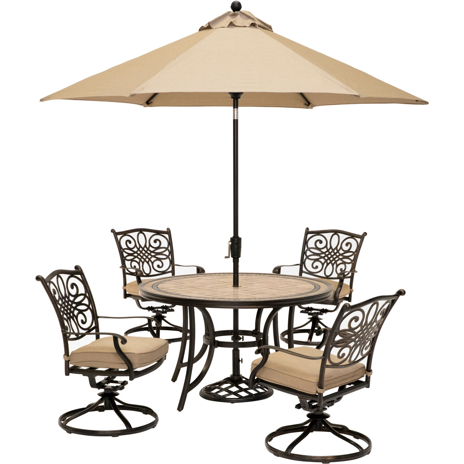 Hanover Monaco 5-Piece Outdoor Furniture Patio Dining Set, 4 Cushioned Swivel Rocker Chairs, 51" Round Tile-Top Table, Umbrella, and Base Brushed - image 1 of 9