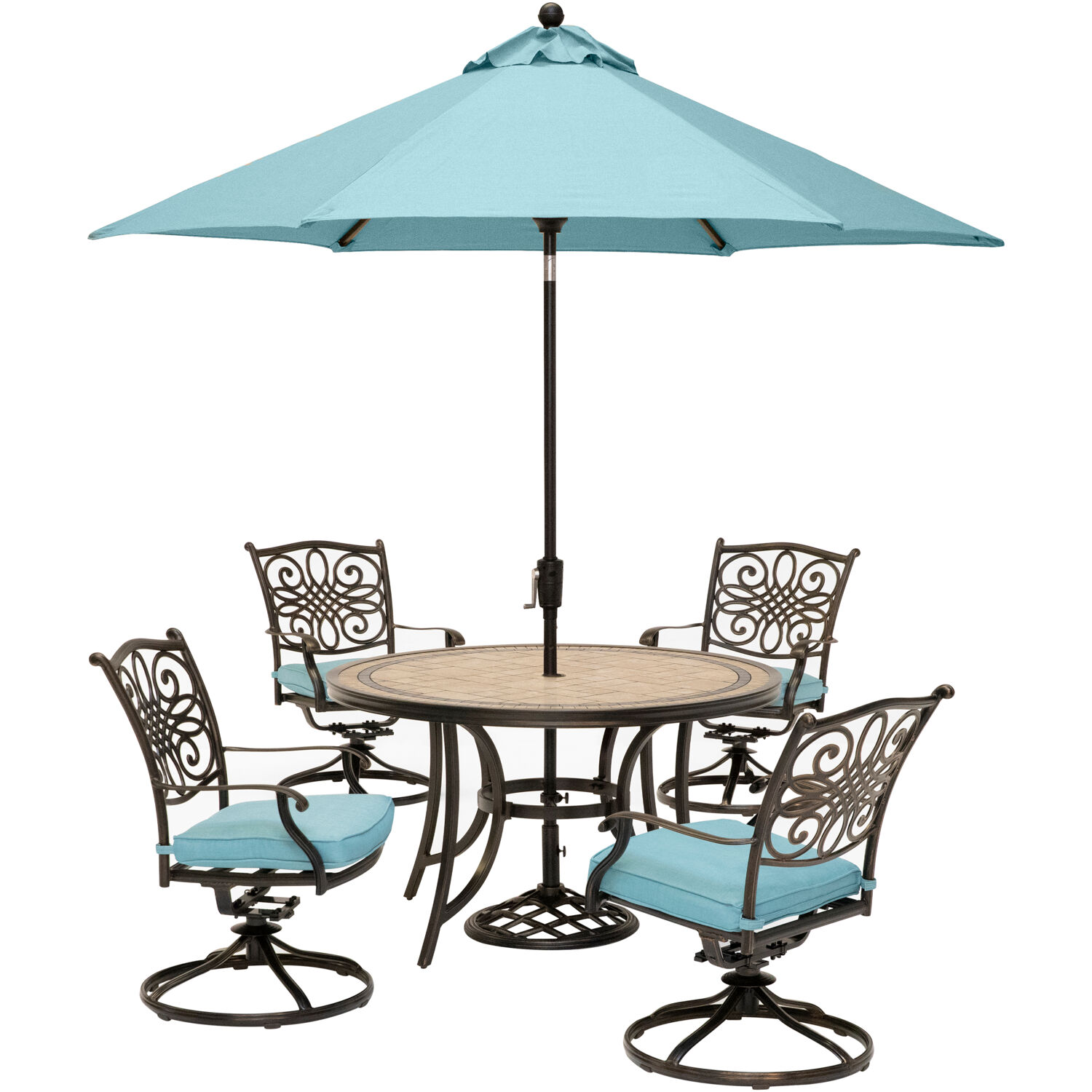 Hanover Monaco 5-Piece Outdoor Furniture Patio Dining Set, 4 Cushioned Swivel Rocker Chairs, 51" Round Tile-Top Table, Umbrella, and Base Brushed - image 1 of 13