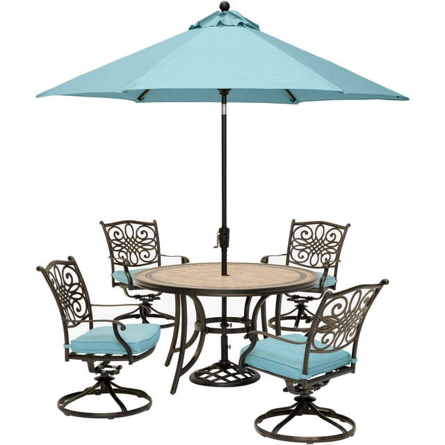 Hanover Monaco 5-Piece Outdoor Furniture Patio Dining Set, 4 Cushioned Swivel Rocker Chairs, 51" Round Tile-Top Table, Umbrella, and Base Brushed