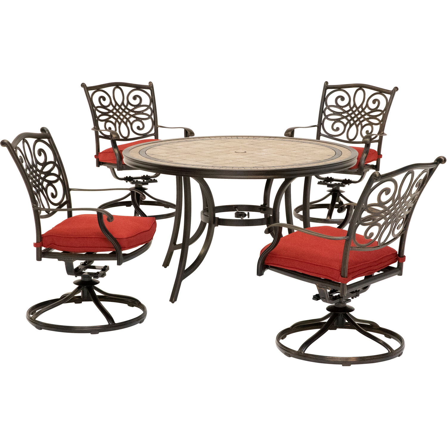 Hanover Monaco 5-Piece Outdoor Furniture Patio Dining Set, 4 Cushioned Swivel Rocker Chairs and 51" Round Tile-Top Table, Brushed Bronze Finish - image 1 of 11