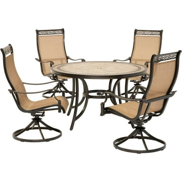 Hanover Monaco 5-Piece Outdoor Furniture Patio Dining Set, 4 Sling Swivel Rocker Chairs and 51" Round Tile-Top Table, Brushed Bronze Finish, Rust-Resi