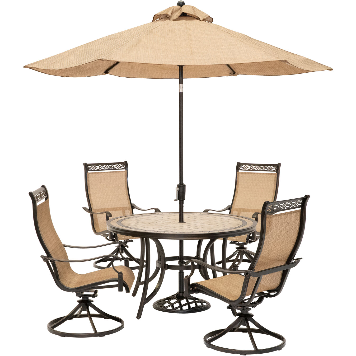 Hanover Monaco 5-Piece Outdoor Furniture Patio Dining Set, 4 Sling Swivel Rocker Chairs, 51" Round Tile-Top Table, Umbrella, and Base, Brushed Bronze - image 1 of 17