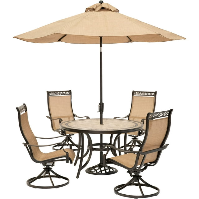 Hanover Monaco 5-Piece Outdoor Furniture Patio Dining Set, 4 Sling Swivel Rocker Chairs, 51" Round Tile-Top Table, Umbrella, and Base, Brushed Bronze