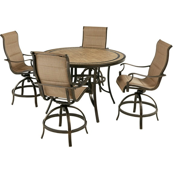 Hanover Monaco 5-Piece Outdoor High Dining Patio Set, 4 Counter-Height Padded Sling Swivel Chairs and 56" Round Tile Table, Brushed Bronze Finish, Rust-Resistant, All-Weather - MONDN5PCPDBR-C-TAN