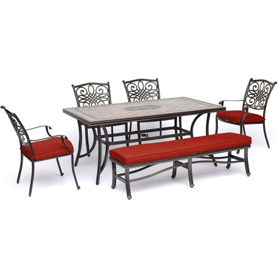 Hanover Monaco 6-Piece Patio Dining Set in Red with Four Dining Chairs, 1 Bench, and a 40" x 68" Tile-Top Table