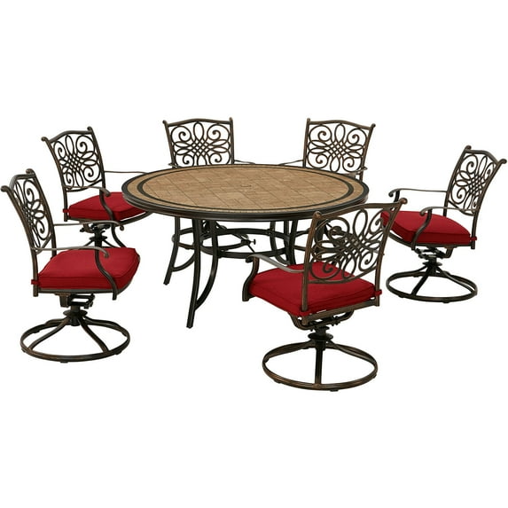 Hanover Monaco 7-Piece Dining Set in Red with Six Swivel Rockers and a 60-in. Tile-Top Table