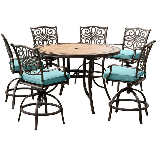 Hanover Monaco 7-Piece High-Dining Set in Blue with a 56 In. Tile-top Table and 6 Swivel Chairs
