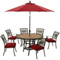 thumbnail image 1 of Hanover Monaco 7-Piece Outdoor Patio Dining Set, 6 Cushioned Stationary Chairs, 60" Round Tile Table, 9' Umbrella, and Umbrella Base, Brushed Bronze Finish, Rust-Resistant, All-Weather, 1 of 9