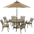 thumbnail image 1 of Hanover Monaco 7-Piece Outdoor Patio Dining Set, 6 Cushioned Stationary Chairs, 60" Round Tile Table, 9' Umbrella, and Umbrella Base, Brushed Bronze Finish, Rust-Resistant, All-Weather, 1 of 8