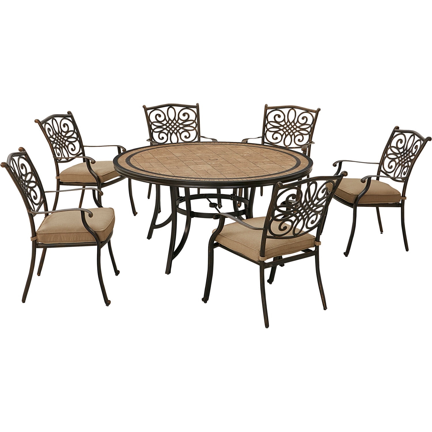 Hanover Monaco 7-Piece Outdoor Patio Dining Set, 6 Cushioned Stationary Chairs and 60" Round Tile Table, Brushed Bronze Finish, Rust-Resistant, All-Weather - MONDN7PCRDTL-C-TAN